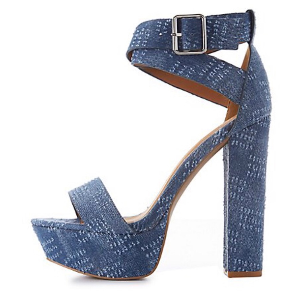 Denim Cross Strap Platform Heels